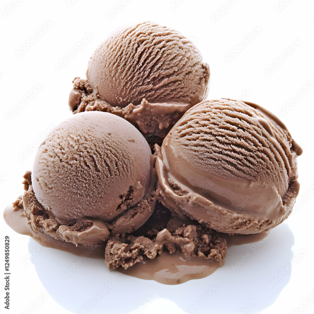 Three scoops chocolate ice cream, melting, white background, dessert food photography Three scoops chocolate ice cream, melting, white background, dessert food photography