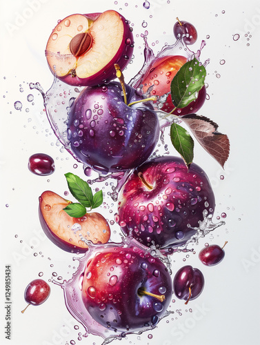 plums apple and peaches in water fruit still life photography
