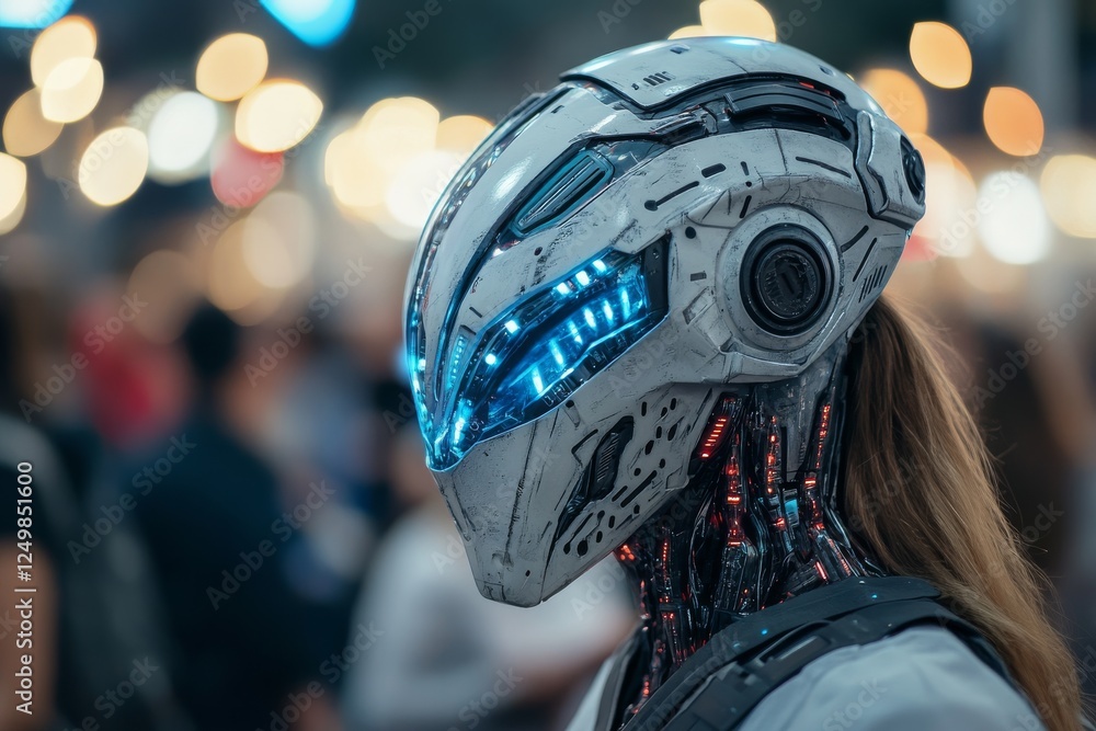 Futuristic robot with glowing features at a crowded event during the evening Futuristic robot with glowing features at a crowded event during the evening