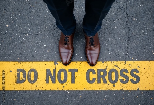 A pair of formal brown shoes belonging to a male stands firmly at a yellow 'Do Not Cross' line on a pavement, symbolizing professional boundaries.