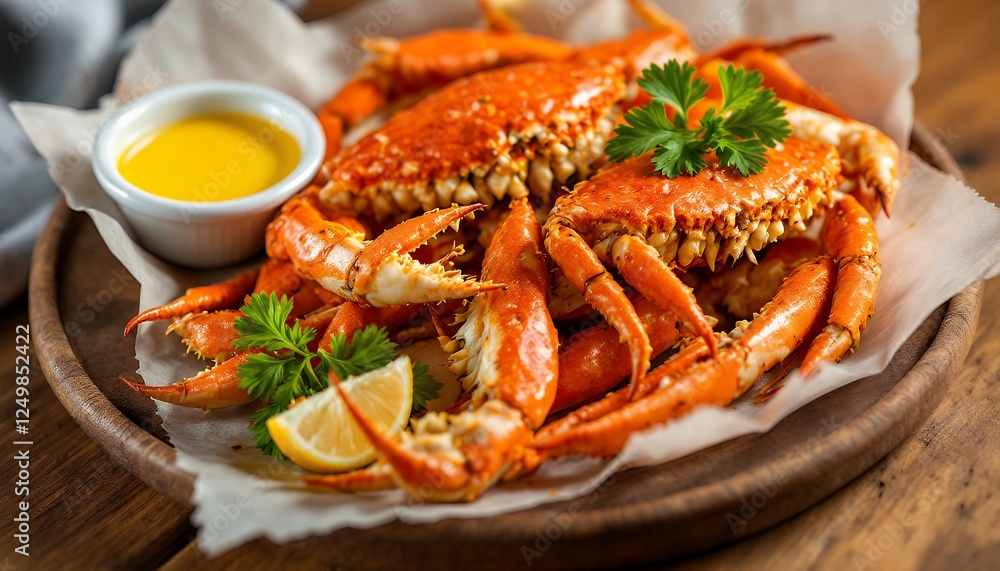 Delicious Cooked Crabs on Wooden Plate with Butter Sauce and Lemon Delicious Cooked Crabs on Wooden Plate with Butter Sauce and Lemon