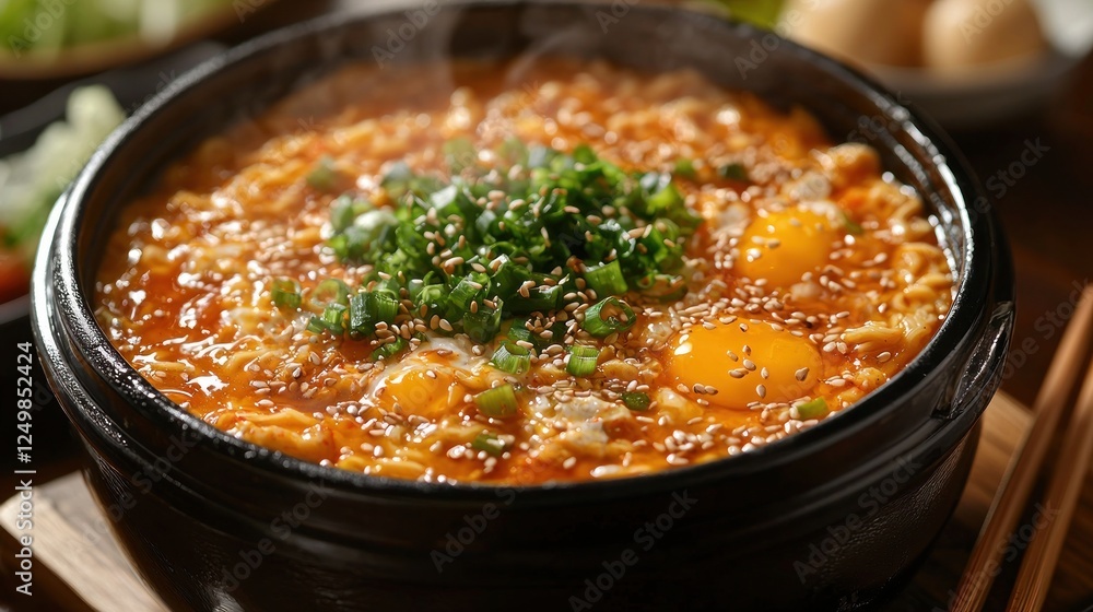 Hot and Spicy Egg Soup in Traditional Stone Bowl with Garnish Hot and Spicy Egg Soup in Traditional Stone Bowl with Garnish