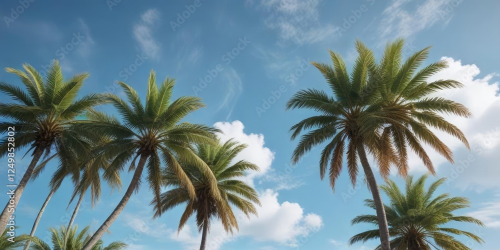 Palm trees with trunks and fronds against a clear blue sky with just a few wispy clouds, peaceful atmosphere, blue sky Palm trees with trunks and fronds against a clear blue sky with just a few wispy clouds, peaceful atmosphere, blue sky