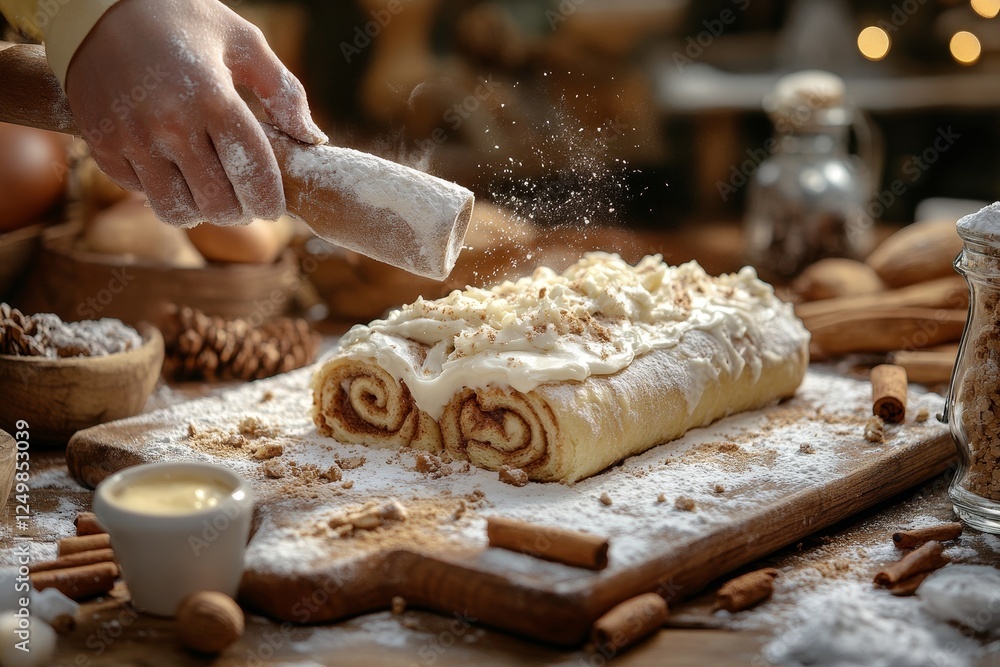 Fototapeta premium Child dusting cinnamon rolls, kitchen, autumn