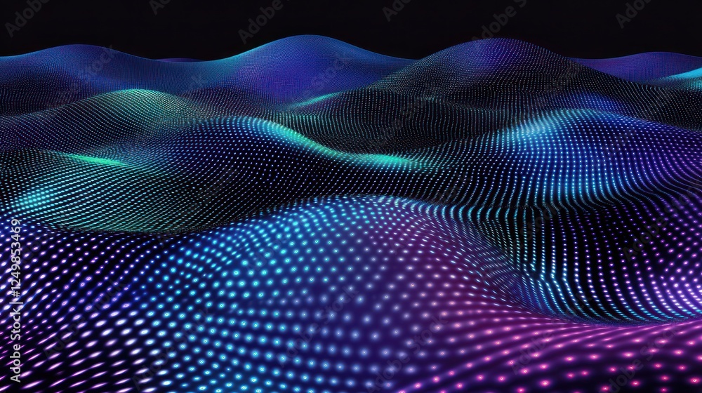 Abstract Futuristic Landscape with Glowing Dots and Colorful Waves Abstract Futuristic Landscape with Glowing Dots and Colorful Waves