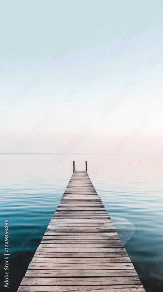Obraz premium The wooden dock stretches out into the still, clear waters, reflecting the soft colors of dawn, creating a peaceful atmosphere perfect for relaxation - Generative AI