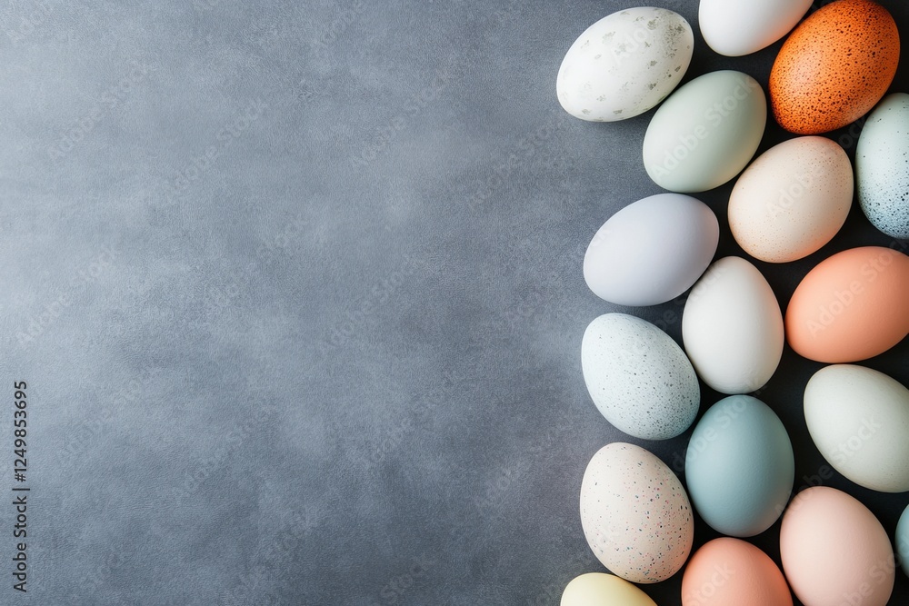 Decorative eggs arranged on a textured surface for a spring celebration or holiday event Decorative eggs arranged on a textured surface for a spring celebration or holiday event