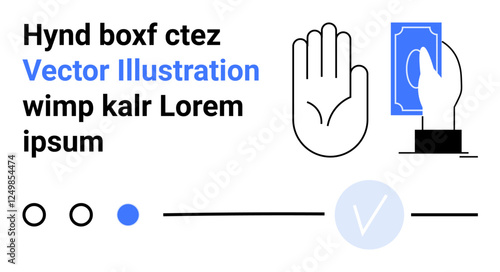 Hand gesturing stop, hand holding blue card, minimal design, circles, line, checkmark. Ideal for finance, mobile payment, digital wallet online transaction security modern banking tech guides