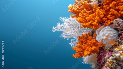 Vibrant coral reef teeming with colorful marine life under clear blue ocean water photo