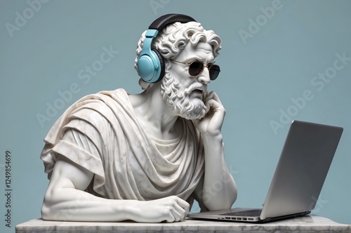 Confident greek businessman marble statue sculpture thinking and working with laptop and wearing sunglass illustration, with pastel color background, people and lifestyle theme concept.