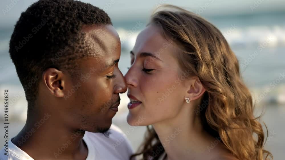 Smiling mixed race young couple posing kissing outside and looking at the camera
Smiling mixed race young couple posing kissing outside and looking at the camera