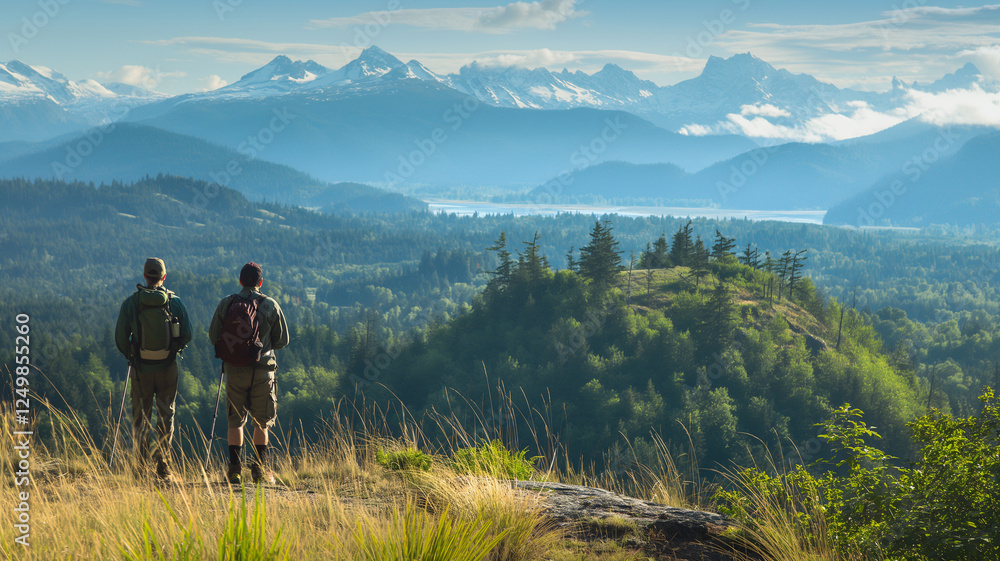 Obraz premium Two hikers stand on a ridge, enjoying a spectacular view of the mountains and lake in the morning light, surrounded by lush greenery - Generative AI