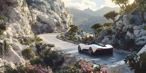 Sleek white sports car navigating winding mountain road