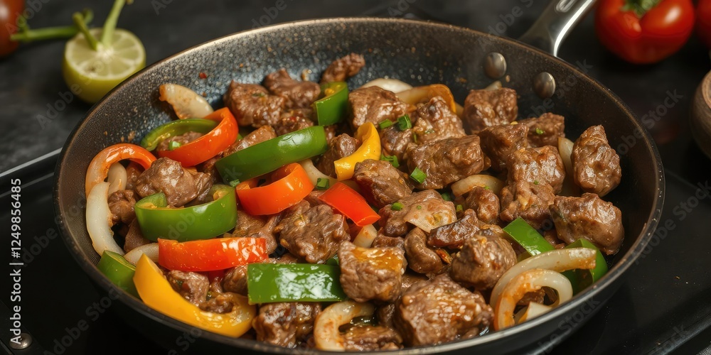 Sizzling Mexican beef fajita with bell peppers and onions on a hot skillet, savory, preparation Sizzling Mexican beef fajita with bell peppers and onions on a hot skillet, savory, preparation