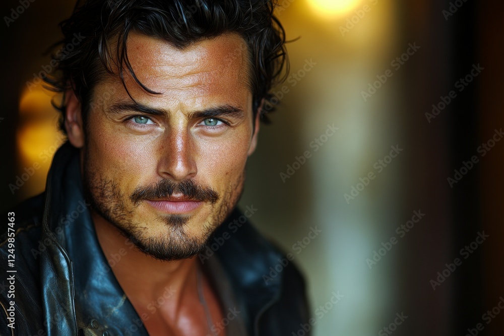 Handsome man, leather jacket, indoor portrait, blurred background, modeling Handsome man, leather jacket, indoor portrait, blurred background, modeling
