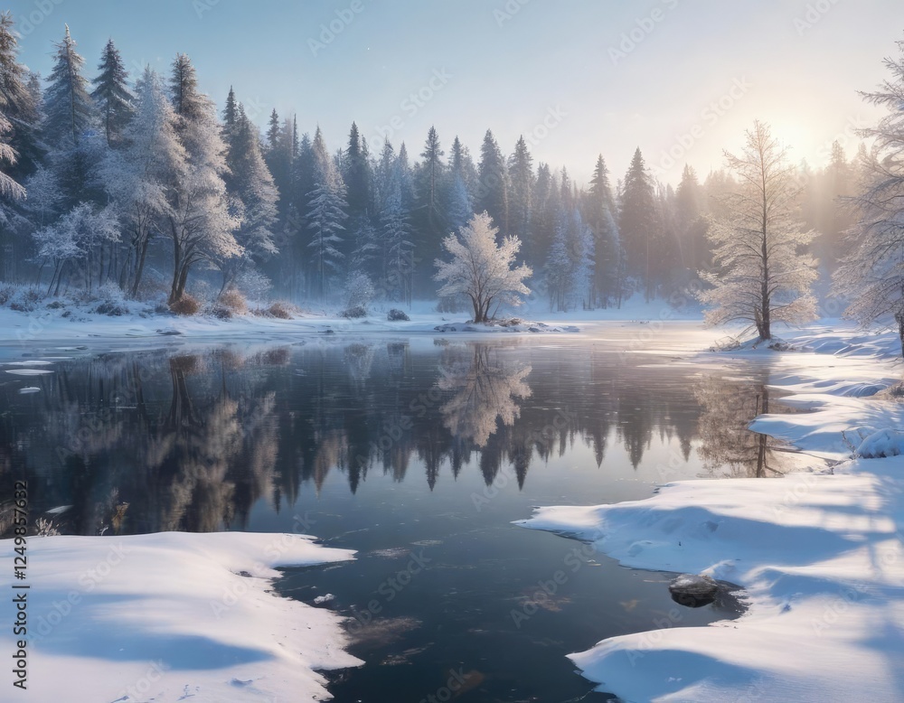 Snowflakes gently fall onto the frozen lake, creating a serene winter landscape with snow-covered trees and frosty air, , frosty atmosphere Snowflakes gently fall onto the frozen lake, creating a serene winter landscape with snow-covered trees and frosty air, , frosty atmosphere