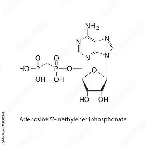 Adenosine 5’-methylenediphosphonate skeletal structure.Nucleotide/Nucleoside compound schematic illustration. Simple diagram, chemical structure.