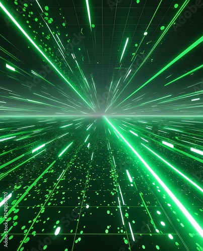 Futuristic digital data stream with glowing green laser lines extending into the distance, representing high-speed technology, cyber connectivity, AI, virtual reality, and innovation

