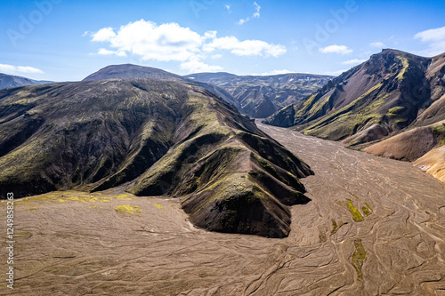 Vivid aerial view of colorful volcanic Landmannalaugar mountains and eroded terrain under clear sky, showcasing natural beauty and geological wonders. Perfect depiction for landscapes and travel