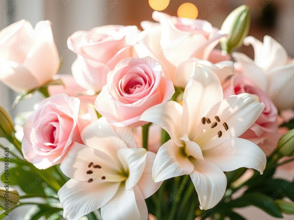 Soft pastel hues illuminated by warm light highlighting a serene arrangement of pale pink roses and white lilies, soft pastels, peaceful arrangement Soft pastel hues illuminated by warm light highlighting a serene arrangement of pale pink roses and white lilies, soft pastels, peaceful arrangement