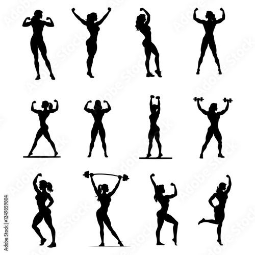 Vector silhouette of a set of female bodybuilders, isolated in white. Ideal for fitness logos, gym designs, and sports illustrations.