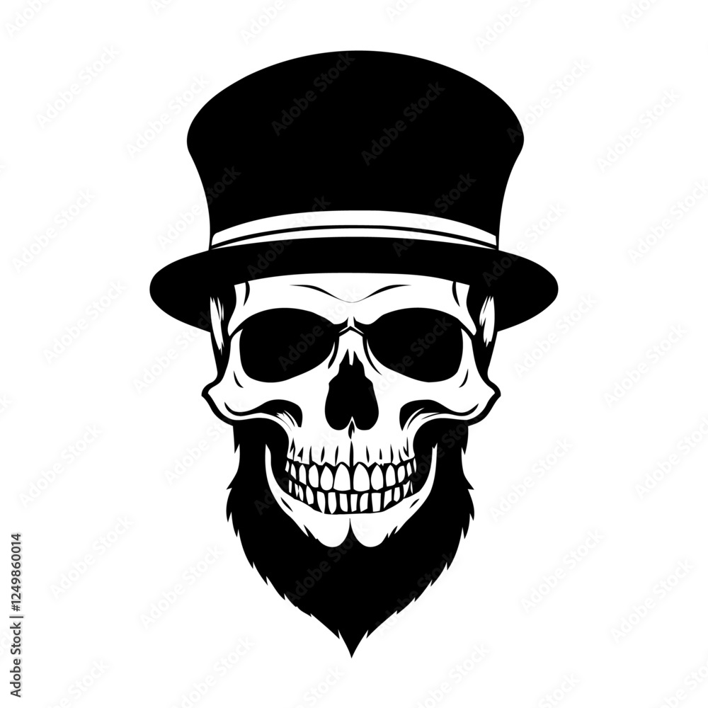 Vector silhouette of a skull with a beard and hat, isolated in white. Ideal for edgy designs, gothic logos, tattoo artwork, and digital illustrations. Vector silhouette of a skull with a beard and hat, isolated in white. Ideal for edgy designs, gothic logos, tattoo artwork, and digital illustrations.