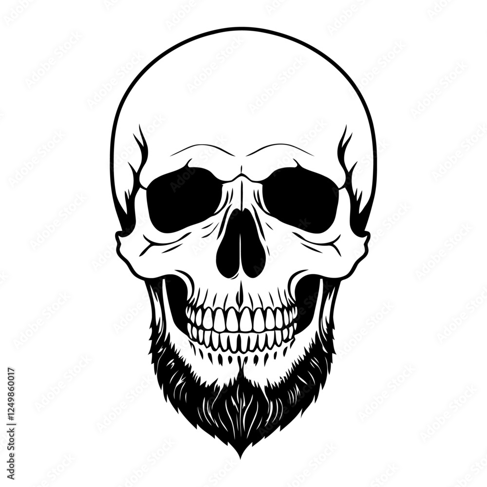 A scary cartoon skull with beard, black hollow eyes and sharp teeth vector illustration in white background PNG A scary cartoon skull with beard, black hollow eyes and sharp teeth vector illustration in white background PNG