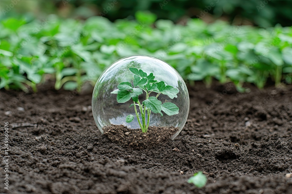 A budding green plant growing in soil, enclosed in a transparent glass dome, symbolizing preservation and natural sustainability A budding green plant growing in soil, enclosed in a transparent glass dome, symbolizing preservation and natural sustainability