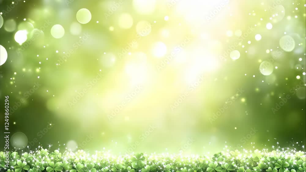 A vibrant, green background with soft bokeh effects and hints of clovers or small plants at the bottom. A vibrant, green background with soft bokeh effects and hints of clovers or small plants at the bottom.