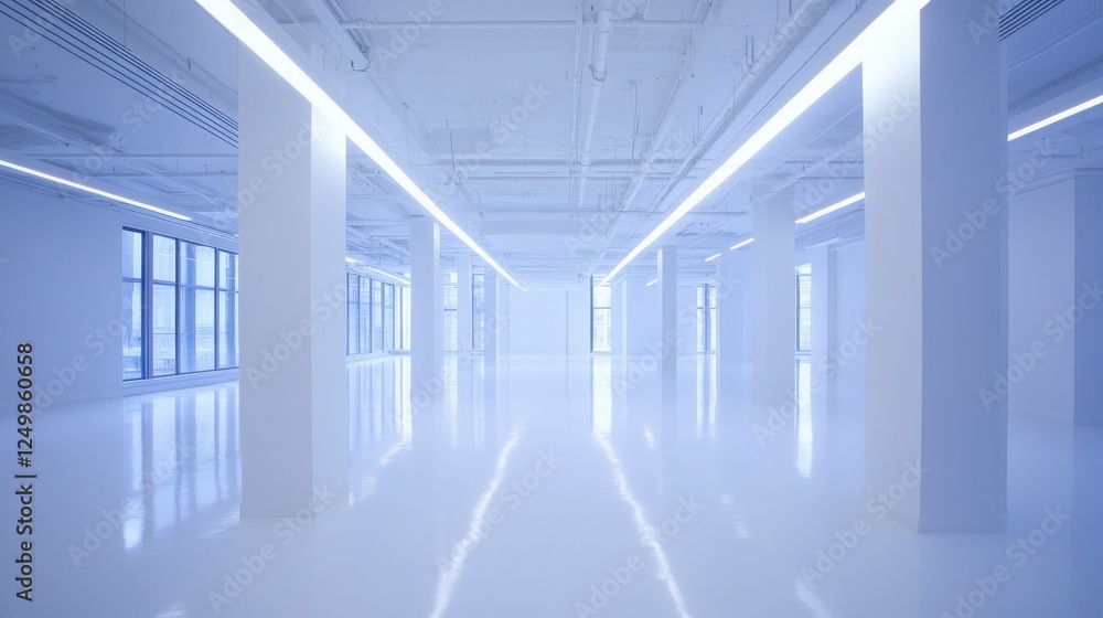Obraz premium Spacious modern interior with bright lighting and reflective floors, ideal for creative workspaces