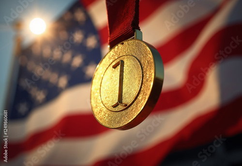 Gold medal with number one, hanging on a red ribbon, with an American flag in the background symbolizing victory, achievement, and patriotism.
