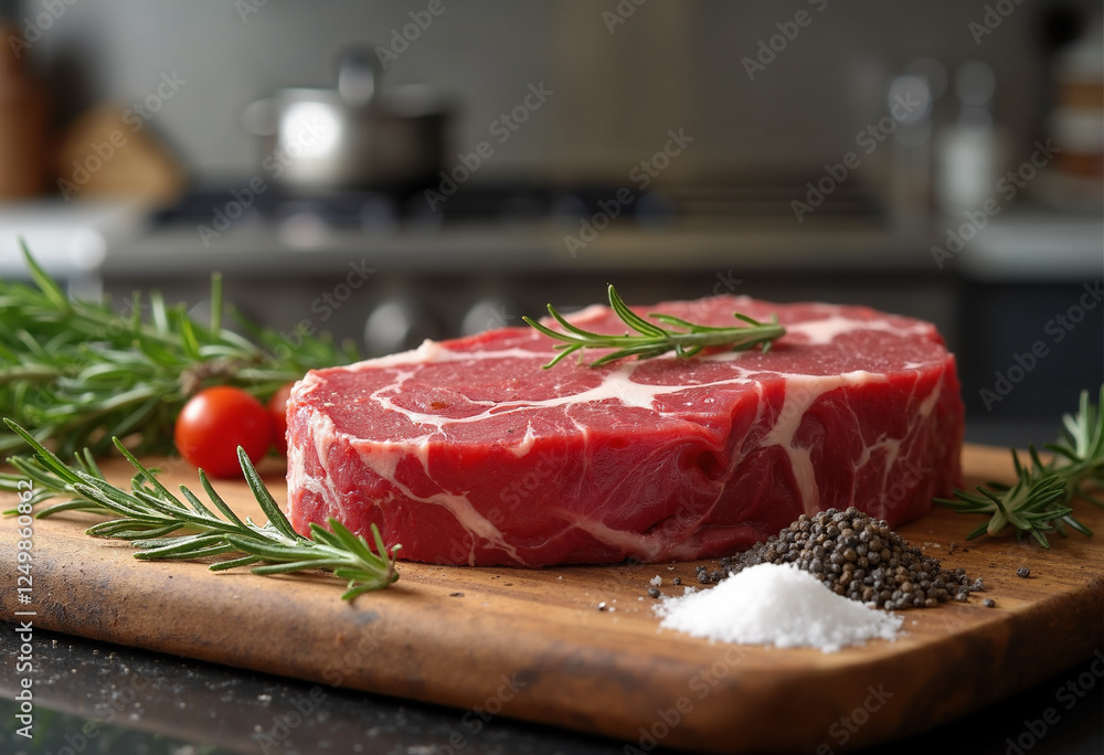 Raw ribeye steak with rosemary, salt, and pepper on a wooden board Raw ribeye steak with rosemary, salt, and pepper on a wooden board