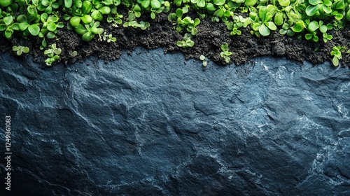 :Emerging from a layer of dark, earthy soil on a black rocky surface, vibrant green plants symbolize growth, resilience, and the beauty of nature photo