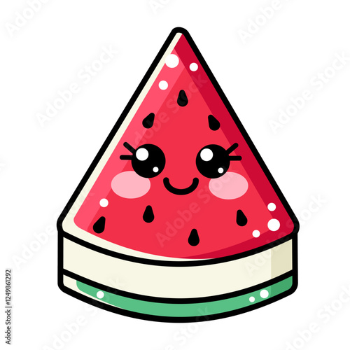 Cute sweet icon juicy lovely watermelon in kawaii style isolated on white background. Single closeup one slice of watermelon illustration for kids, children with smiling funny face