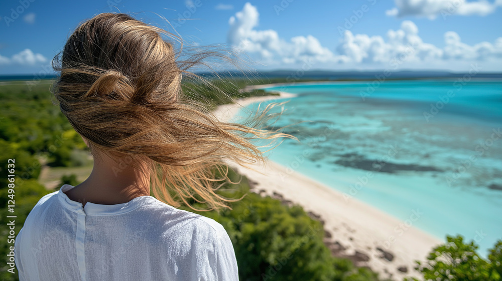 Woman enjoying windy day at beach with ocean view
Woman enjoying windy day at beach with ocean view