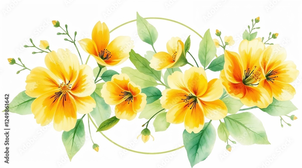 Fototapeta premium Watercolor floral arrangement with yellow flowers, in a circle, isolated on white
