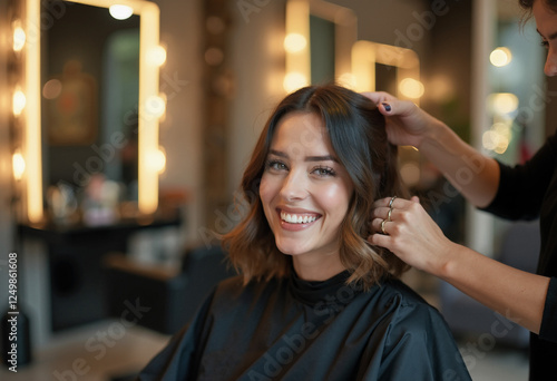 Smiling woman with styled shoulder-length hair in a luxurious salon setting