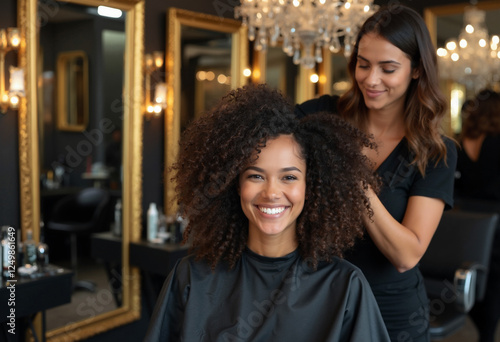 Smiling woman with voluminous curly hair getting styled in an elegant salon