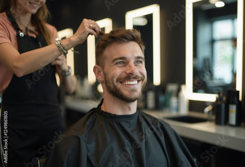 Smiling man getting a stylish haircut in a modern barbershop