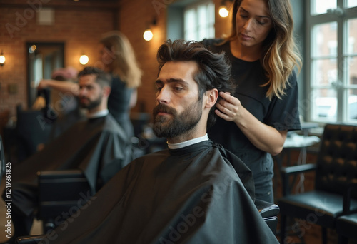 Barber styling hair of a man with a beard in a modern barbershop