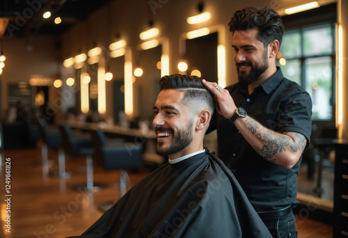 Barber giving a stylish haircut to a smiling man in a modern barbershop