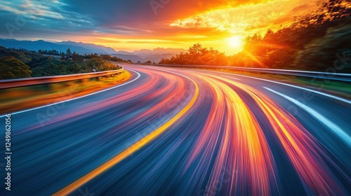 Scenic mountain road at sunset with motion blur