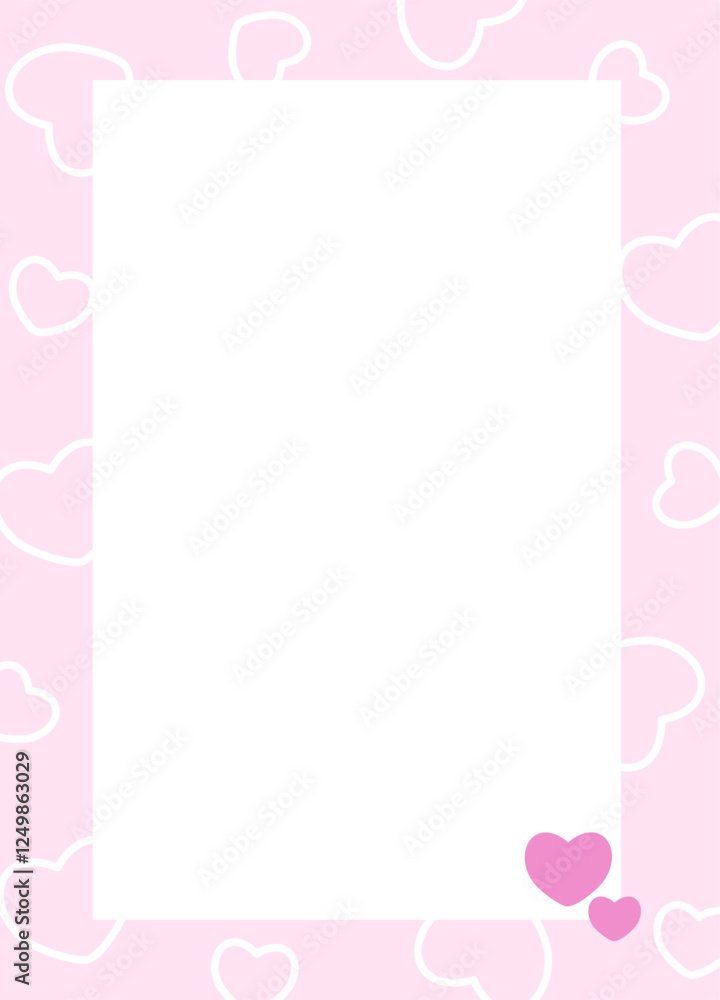 Template with a white text box and two fuchsia hearts on a light pink background decorated with white hearts. Vector illustration for note, poster, invitation. Copy space. Valentine's Day Template with a white text box and two fuchsia hearts on a light pink background decorated with white hearts. Vector illustration for note, poster, invitation. Copy space. Valentine's Day