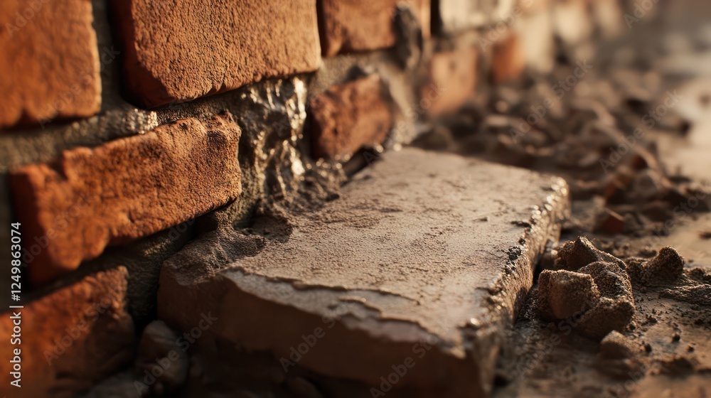 Fototapeta premium A close-up of a bricklayer carefully laying bricks with mortar, showcasing the smooth finish and precision of the brickwork.