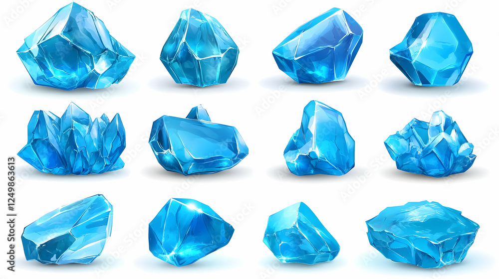 Fototapeta premium Blue ice crystals collection, isolated on white background, for design