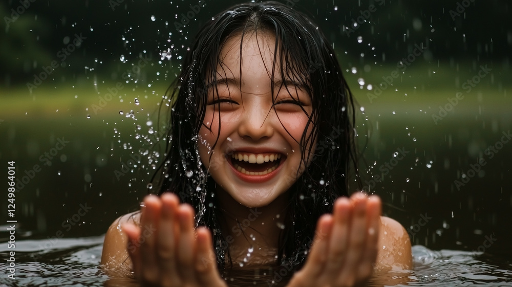 Fototapeta premium Woman splashing water joyfully in lake 