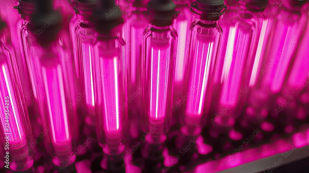 Test tubes with pink liquid samples are illuminated in a laboratory Test tubes with pink liquid samples are illuminated in a laboratory