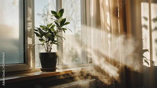 Sunlit room with indoor plant and visible dust particles in warm morning light symbolizing potential indoor allergies.