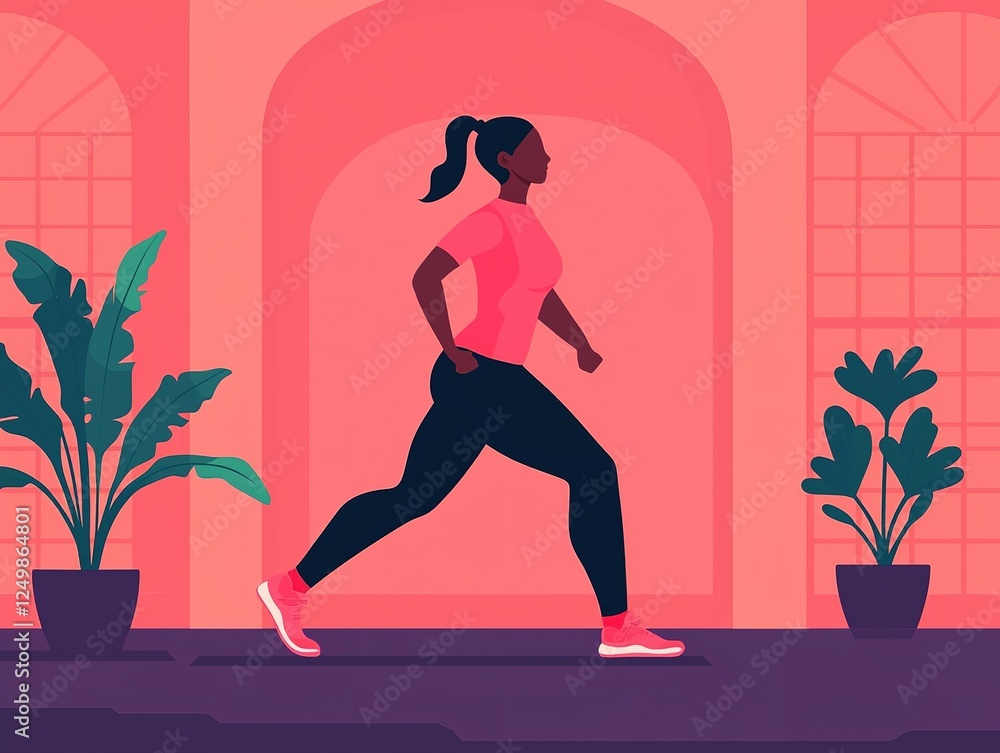 A woman jogs confidently in a vibrant setting, surrounded by lush plants, showcasing a blend of fitness and modern aesthetics. A woman jogs confidently in a vibrant setting, surrounded by lush plants, showcasing a blend of fitness and modern aesthetics.