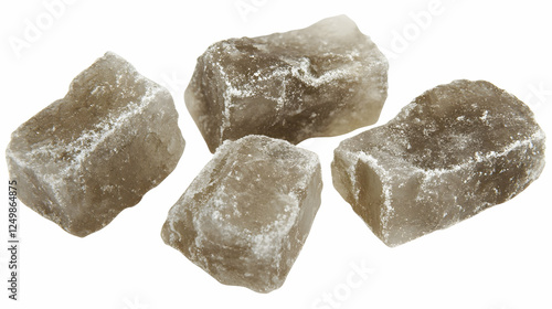 Four grey Himalayan salt crystals on white. Food ingredient